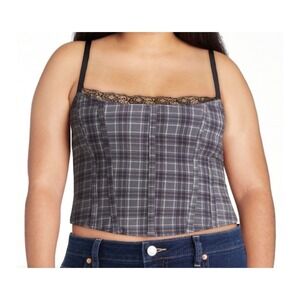 Womens XXL Black Plaid Corset Crop Top‎ Lace Trim Goth Grunge Preppy NEW